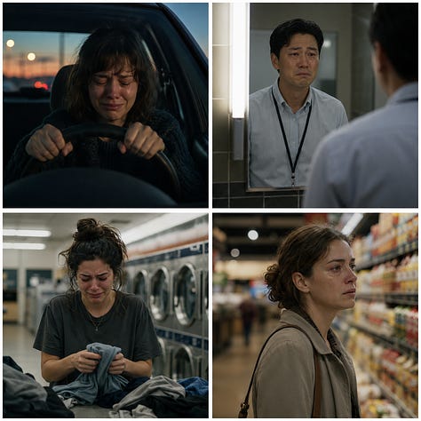A six-image gallery titled “Where the World Leaks” from “The Crying World”, a Kirenya visual series made of six square 2x2 quadriptychs. The first shows solitary people crying in private domestic spaces such as a bathroom, shower, kitchen table, and bedroom. The second shows individuals crying in everyday threshold spaces, including a parked car, office restroom, laundromat, and grocery aisle. The third shows people crying while surrounded by social life, including a dinner party, birthday gathering, crowded living room, and public transit. The fourth shows groups crying together in recognizable communal settings such as a family kitchen, living room, workplace break room, and support circle. The fifth extends the idea of crying into animals and trees, with a wet dog, a rain-soaked horse, sap running down bark, and a solitary storm-bent tree. The sixth shows infrastructure as if it is weeping, including a rusting bridge, cracked dam, stained apartment building, and dripping underpass.
