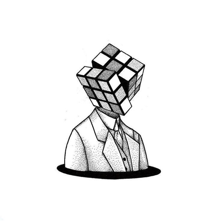 This may contain: a black and white drawing of a man with a cube on his head in a suit