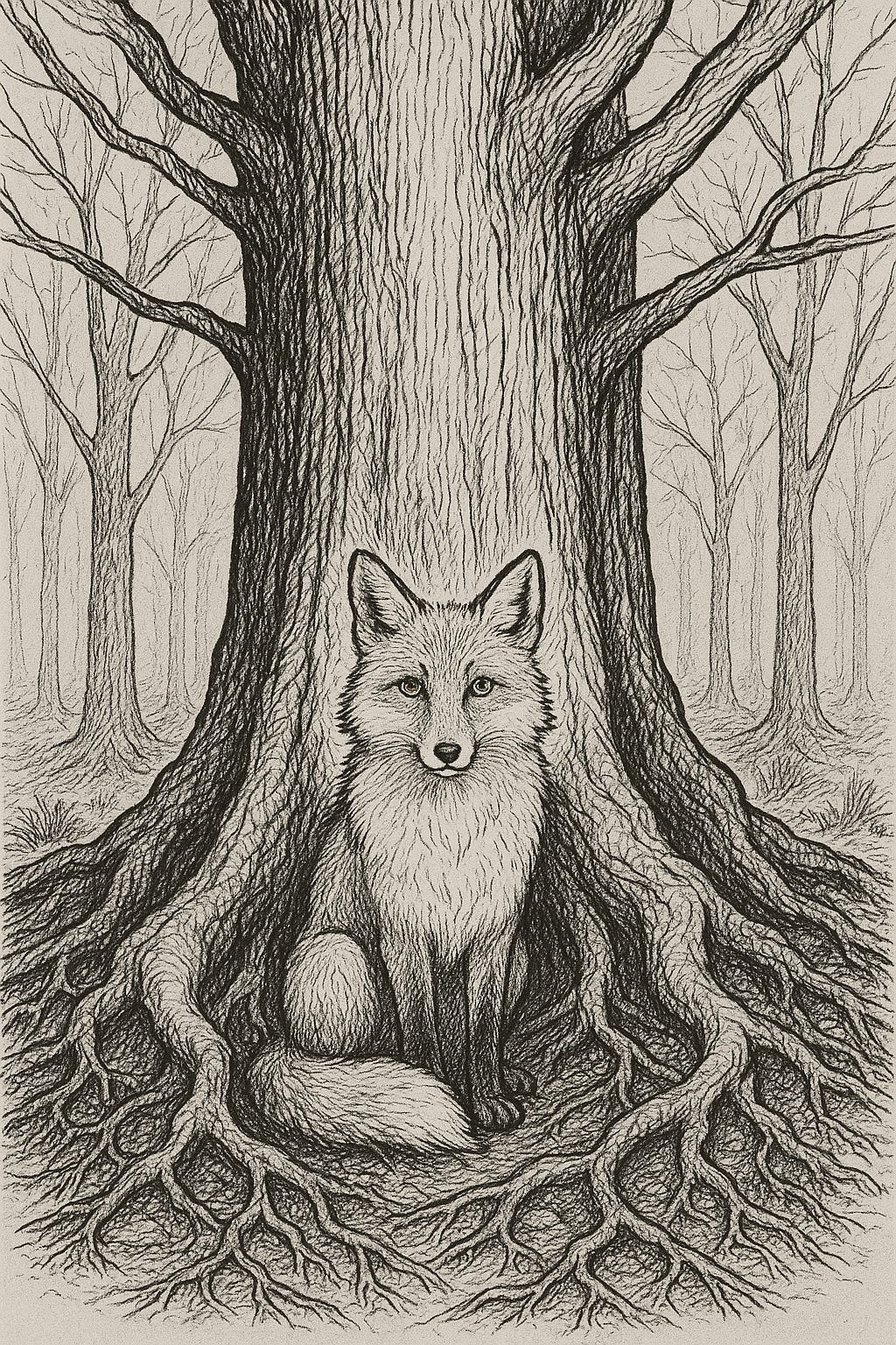 A black and white ink illustration of a fox sitting at the base of a massive, ancient tree. The fox faces forward, calm and watchful, nestled among the tree’s sprawling, knotted roots. Its fur is rendered in delicate linework, giving it a soft, ethereal appearance. The tree towers above, its bark heavily textured and its bare branches reaching skyward. In the background, a quiet forest of leafless trees fades into the distance, creating a sense of stillness, age, and hidden meaning.