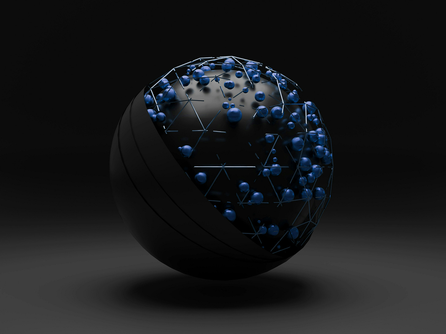 a black sphere cartoon floats in a black space. the sphere is made of smaller blue marbles (like protons in an atom?) a black sphere cartoon floats in a black space. the sphere is made of smaller blue marbles (like protons in an atom?)