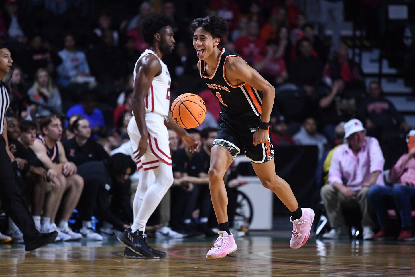 Xaivian Lee celebrates during Princeton’s 68-61 win over Rutgers in Trenton on Nov. 6, 2023. (Photo by Ryan Samson / courtesy of Princeton Athletics)