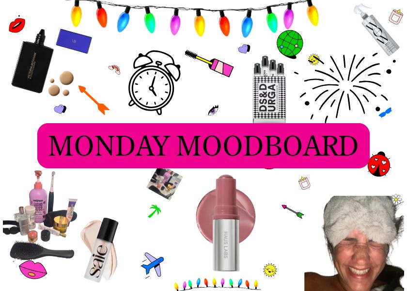 The Beauty Ed® Monday Moodboard header featuring top 2026 beauty picks: Saie Beauty, Victoria Beckham Beauty, Haus Labs, and DS & Durga. The collage captures a New Year theme with lifestyle icons and a morning selfie of Donna, representing a curated guide to skincare and makeup.