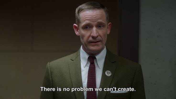 This may contain: a man in a suit and tie with a quote on it that reads, there is no problem we can't create