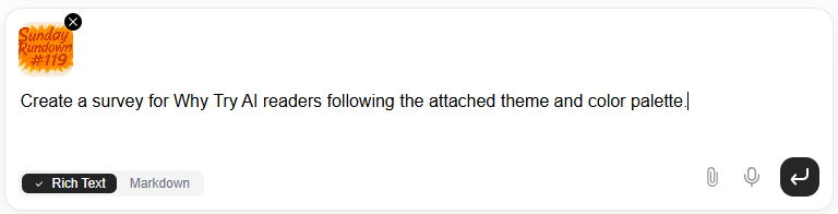 Screenshot of Genspark AI prompt to create a reader survey for Why Try AI using an attached theme and color palette, showcasing new Genspark content creation features