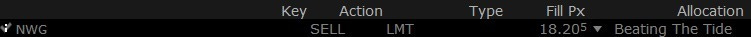 Trade execution screenshot showing the sale of NatWest Group (NWG) at £18.205, confirming position exit in the NatWest investment thesis deep dive after a +42% gain as part of the Beating the Tide portfolio.