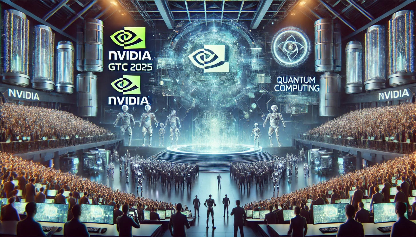A 16:9 futuristic illustration showcasing NVIDIA’s GTC 2025, highlighting breakthroughs in AI, quantum computing, and next-generation GPU architectures. The scene features a massive, high-tech conference hall with a glowing NVIDIA-branded stage where futuristic holographic GPU models are being unveiled. A digital crowd of engineers, researchers, and industry leaders watches as AI-powered robots and quantum computing interfaces display real-time advancements. In the background, autonomous machines and data streams symbolize NVIDIA’s push into robotics and AI acceleration. The atmosphere conveys excitement, innovation, and the future of computing.