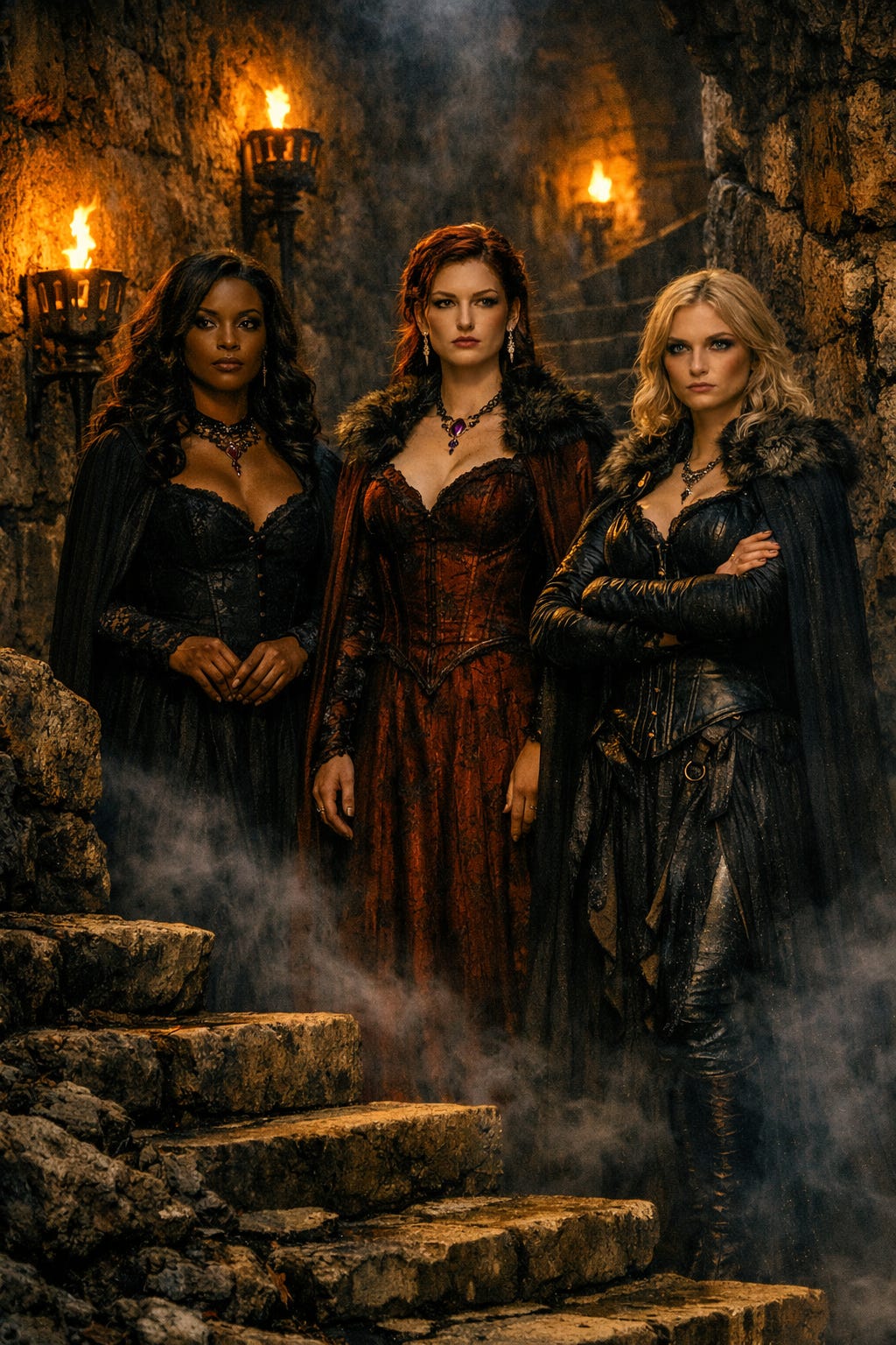 Regal trio on tower stair