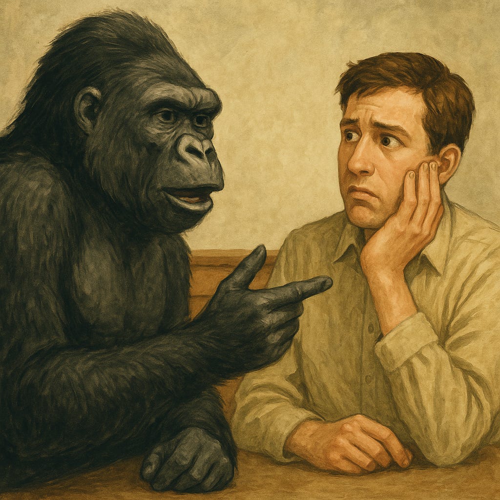 A color illustration of a gorilla ‘teaching’ a puzzled human man. Created by Frank Moone using DALL-E 2.