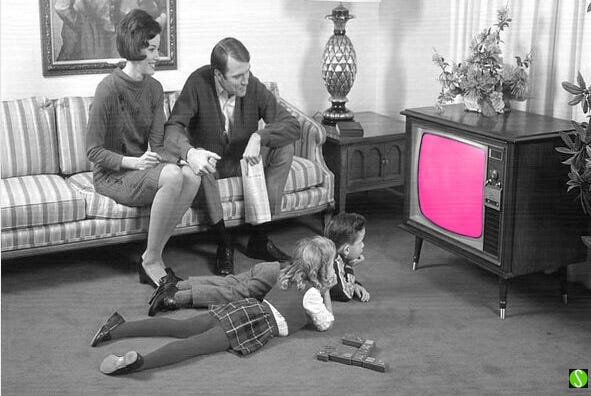 altered vintage image of a 60s family watching TV with pink screen by Steve Butcher