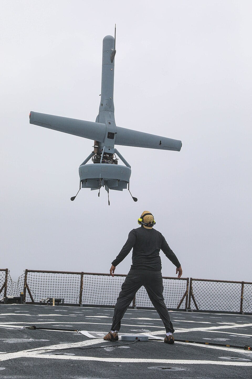 A Shield AI V-Bat UAV prepares to land on a US Navy vessel during a pre-deployment exercise in the Atlantic Ocean.