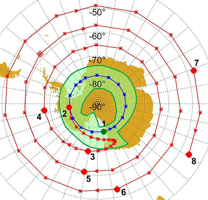 At left the route according to the original plan (Super-Pressure balloon launched on early December) at right the final route after shifting to a Zero-Pressure balloon and launching a month later.