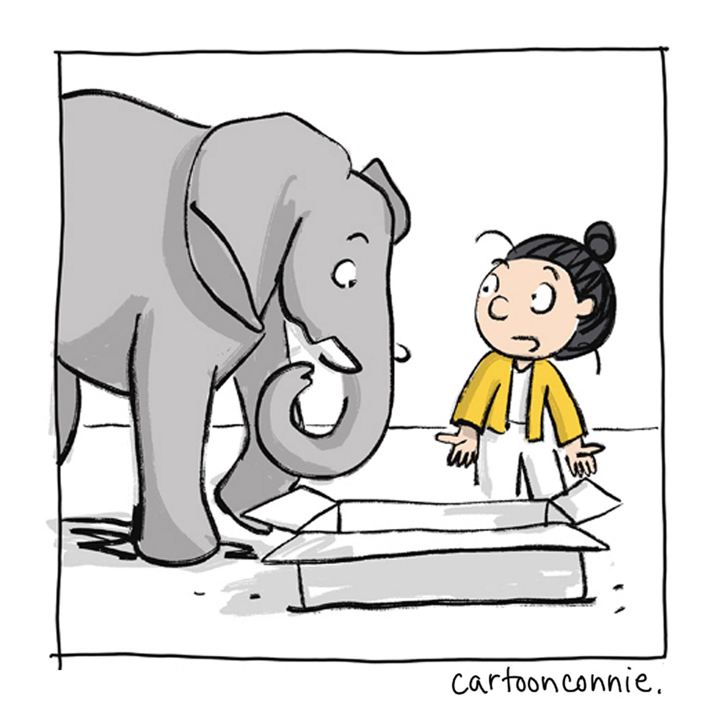 Panel 5 of 12 of a 2-page wordless illustrated comic, titled "Art Can Be A Good Companion," 2026, original artwork by Connie Sun, cartoonconnie. Panel 5 of 12 of a 2-page wordless illustrated comic, titled "Art Can Be A Good Companion," 2026, original artwork by Connie Sun, cartoonconnie.