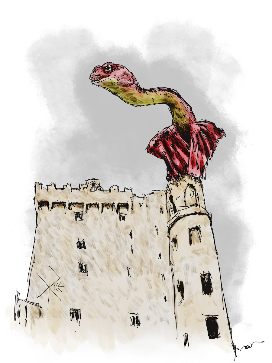 A red dragon perches at the top of a turret, head moving on its long neck and wings folded comfortably. Sketch art by Don Rice. A red dragon perches at the top of a turret, head moving on its long neck and wings folded comfortably. Sketch art by Don Rice.