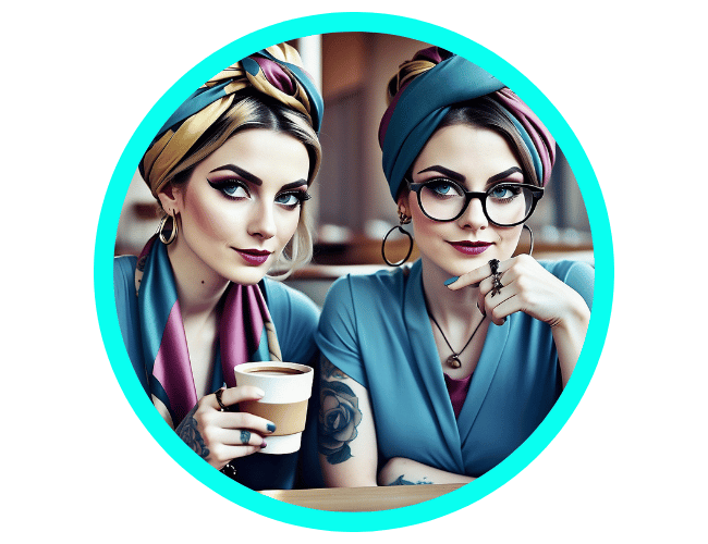 "Illustration of two stylish women sitting together, wearing headscarves, bold makeup, and blue tops, framed in a circular turquoise border. One woman holds a coffee cup while the other has a thoughtful pose, both adorned with accessories such as hoop earrings and glasses, set against a blurred indoor background."