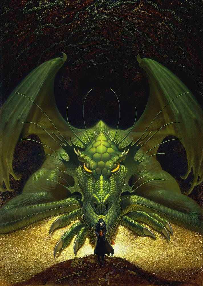 Facing the audience directly, a massive green dragon lays atop a hoard of glittering gold with forelimbs crossed and chin resting over them. A skeletal figure in black hooded robe stands on a smaller mound of treasure before the great dragon holding up a vial of blood. A trickle of red dribbles from the dragon’s mouth. The pattern of smaller scales on its long snout is echoed in larger hexagons atop the cone of its head. Eyes curve in yellow slits under spiked brows. Antennae like projections sweep off the top and side of its head. Above, wings unfold nearly touching the cave top, which glistens in dotted mineral patterns of red, yellow, and green.