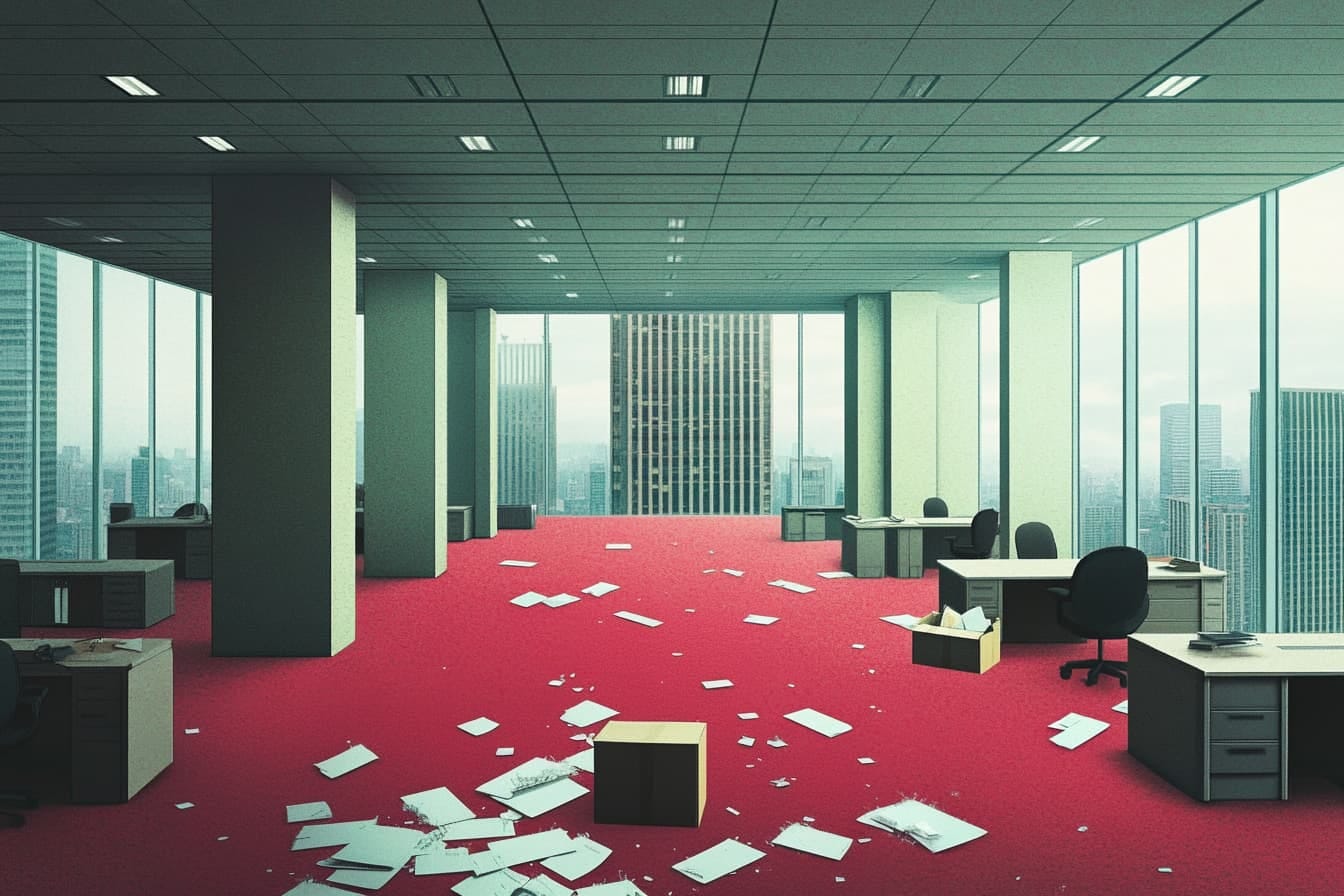 Illustration of an empty office with scattered papers and moving boxes on the floor