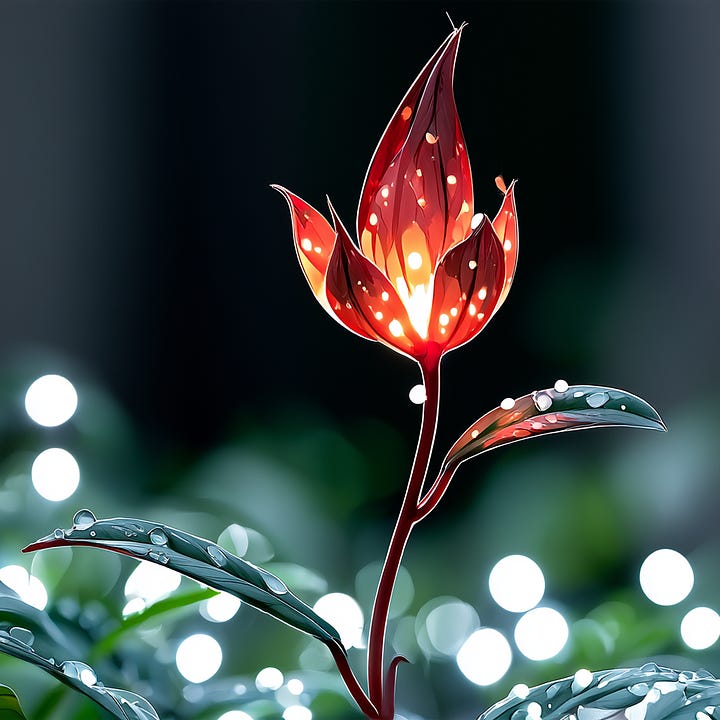 A warm cinematic still life of a single flower bud, still closed, glowing faintly as if lit from within, resting low in a quiet dark garden. Moonlight pools softly around it, catching drops of dew on nearby leaves like scattered points of light. The mood is stillness holding potential, patience before an opening.
