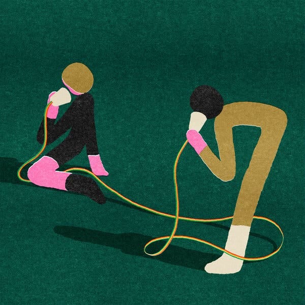 Two figures play tin-can telephone. The cable that connects them is rainbow colored.