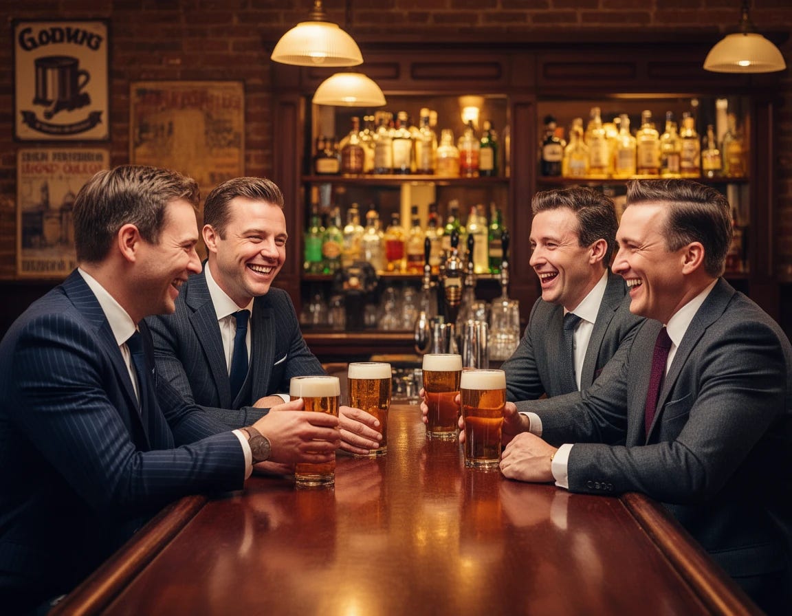 4 men in suits drinking pints at bar and having good time 4 men in suits drinking pints at bar and having good time