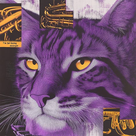 Kitty Music: First image is the reference for generating the other two images in Midjourney with the prompt below