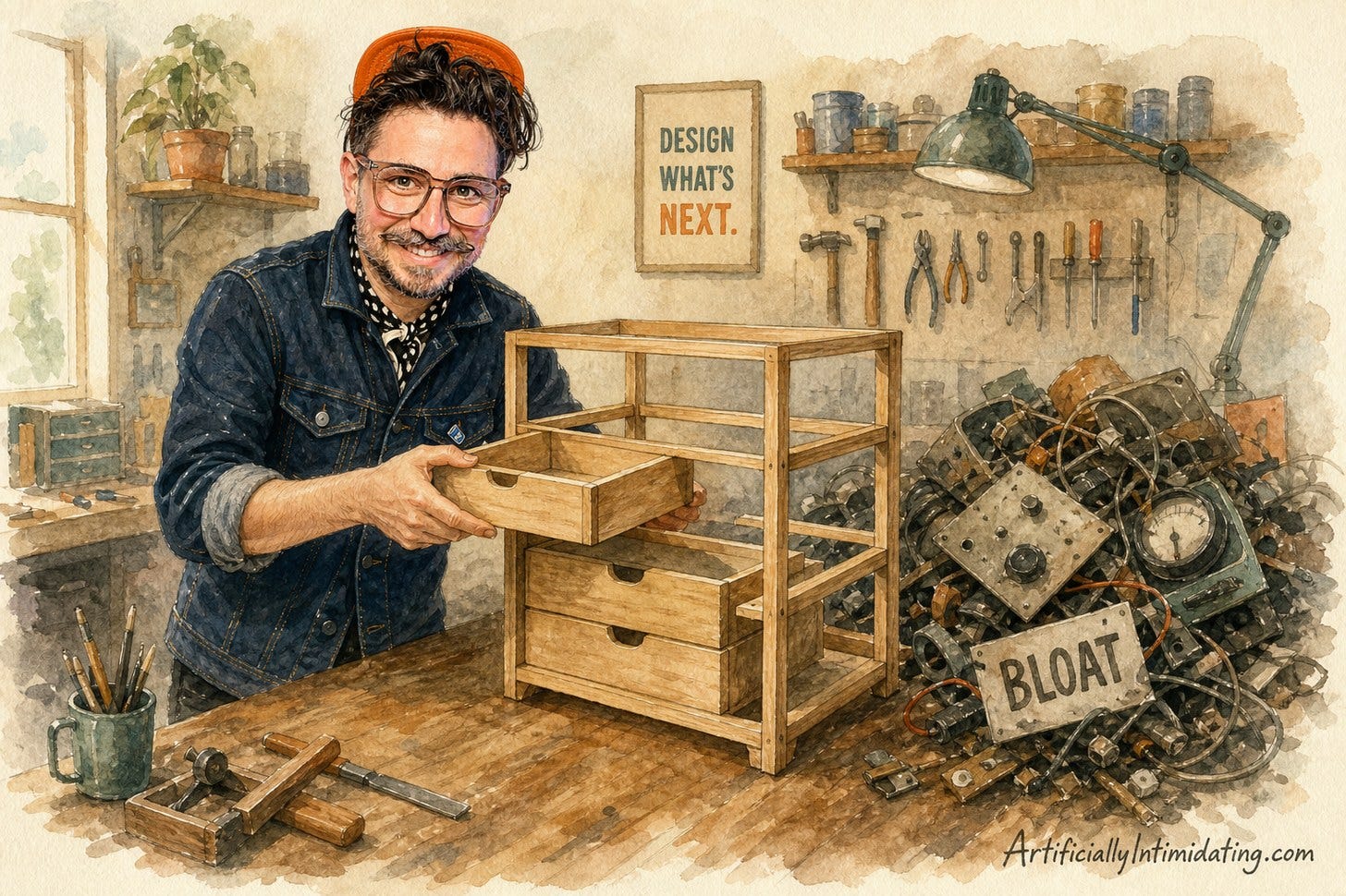 Watercolor of a garage workbench holding a slim wooden cabinet frame. A mustached man with rolled sleeves fits in a new drawer, while a heap of cables, dials and panels tagged BLOAT sits on the floor beside him. Watercolor of a garage workbench holding a slim wooden cabinet frame. A mustached man with rolled sleeves fits in a new drawer, while a heap of cables, dials and panels tagged BLOAT sits on the floor beside him.