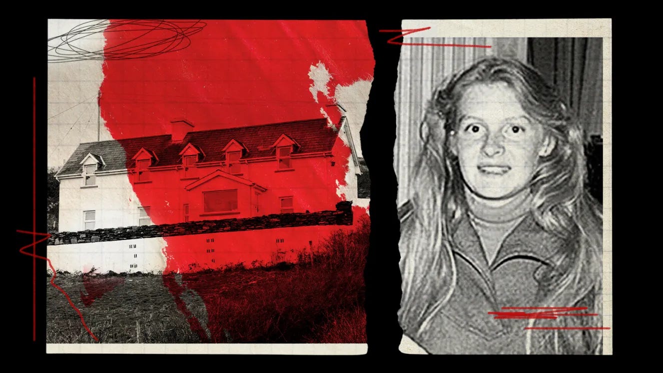 Collage of a house partially covered in red and a black and white photo of a smiling blonde woman.