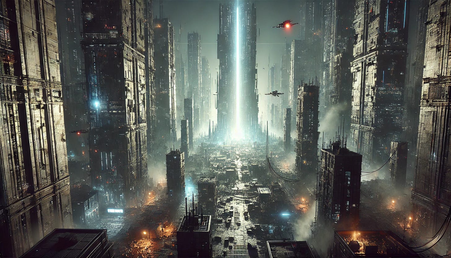 A dark and gritty futuristic dystopia at night, with towering, decaying skyscrapers and a massive light pillar at the center, illuminating the desolate cityscape. The streets are filled with debris, flickering neon signs, and malfunctioning technology. The buildings are worn, with patches of rust and exposed wires, while the light pillar casts an eerie, harsh glow over the landscape. Flying drones patrol the skies, and shadowy figures can be seen lurking in the dimly lit alleyways. The overall atmosphere is bleak, oppressive, and foreboding, creating a realistic and immersive vision of a dystopian future.