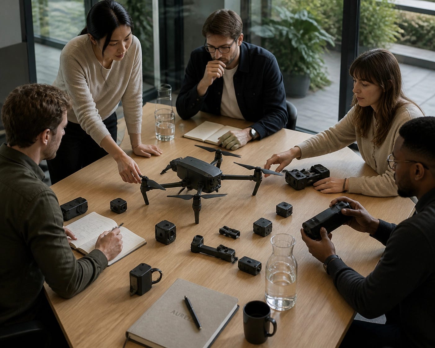 Venture capitalists and founders examining drone prototypes at a defense tech startup meeting.