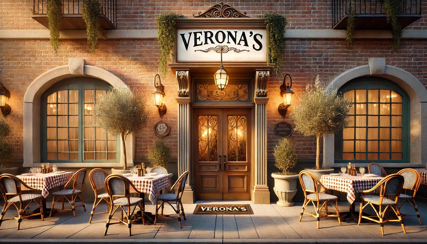 A photograph of the exterior of a cozy Italian restaurant. The facade features rustic brick walls and a classic wooden door adorned with a small canopy. The entrance is flanked by potted olive trees, and a vintage-style sign hangs above the door. Warm ambient lighting from wall-mounted lanterns casts a welcoming glow, highlighting the outdoor seating area with checkered tablecloths and wrought-iron chairs. The scene is set during the golden hour, with soft sunlight enhancing the inviting atmosphere. Created Using: Canon EOS 5D Mark IV, 35mm lens, f/2.8 aperture, natural light, high-definition quality, natural look --ar 16:9