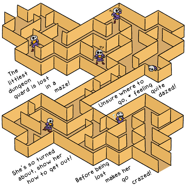 While traveling through caves the Littlest Dungeon Guard found herself lost in a maze! Unsure of where to go and feeling quite dazed! She’s so turned about, show her how to get out! Before being lost makes her go crazed!