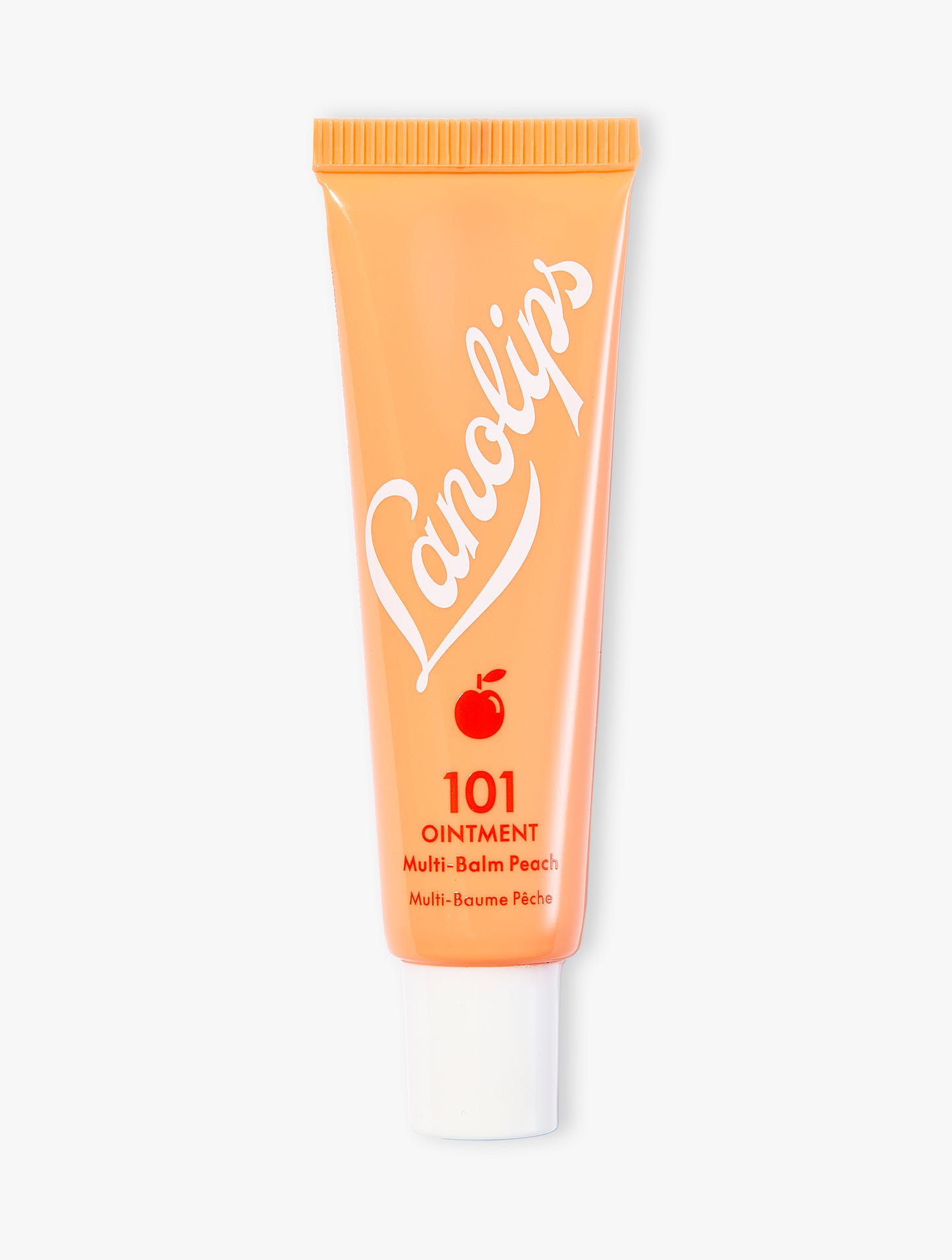 Product shot of the Lanolips 101 Ointment Multi-Balm Peach, featuring the closed tube. 101 Ointment Multi-Balm Peach is part of our 101 Flavoured lip balm range. The World's Best Lip Balm infused with with with silky peach kernel oil & vitamin E. This super-rich balm penetrates and seals in moisture to give long-lasting hydration for dry chapped lips, skin patches, cuticles, elbows & more.