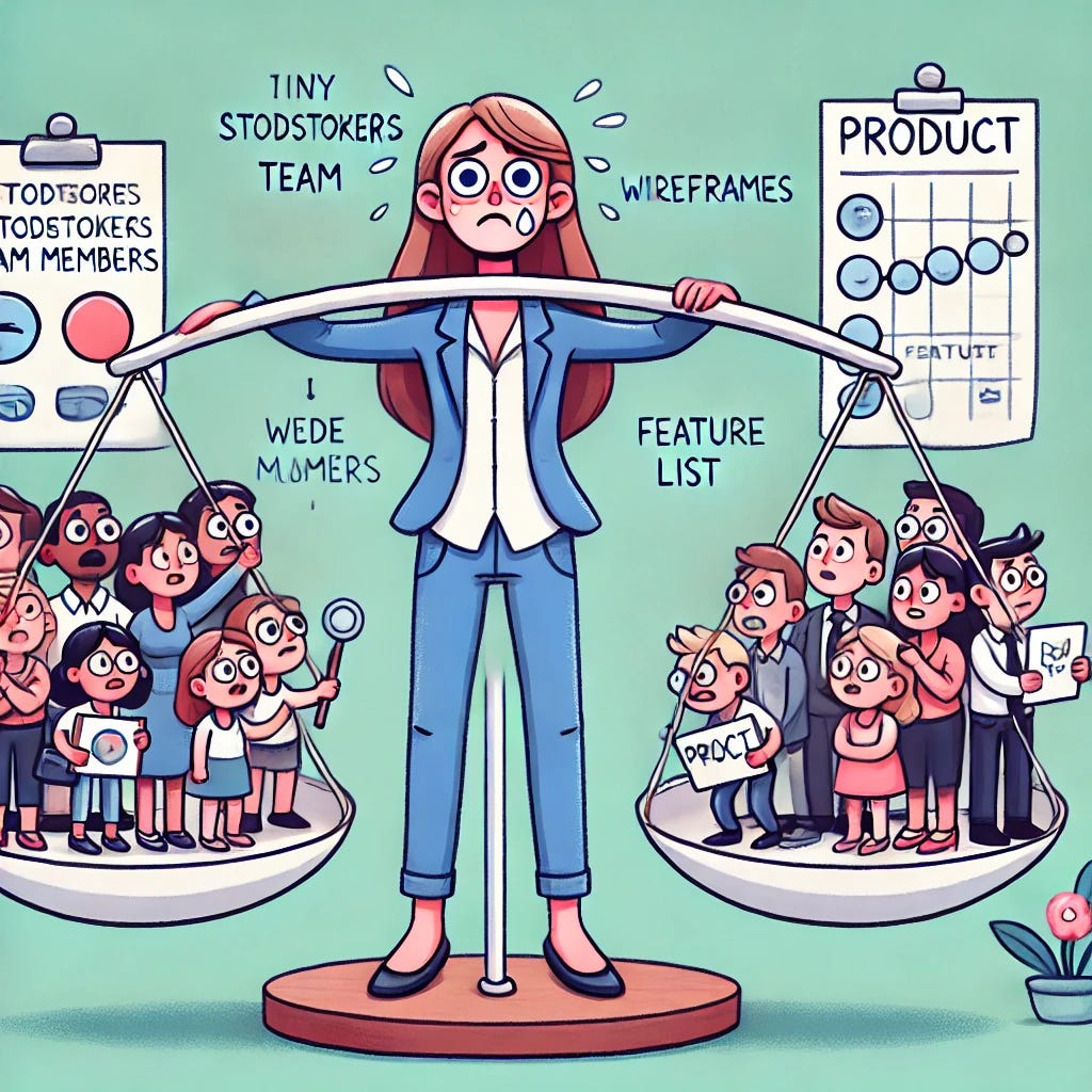 A playful and humorous cartoon-style illustration of a woman product manager holding a large balancing scale, with one side carrying tiny people representing stakeholders, team members, and executives, and the other side holding product icons like a roadmap, wireframes, and feature lists. The product manager has a stressed expression, reflecting the overwhelming challenge of managing people and product priorities. The scene is lighthearted and relatable, with a clean and modern cartoon style.