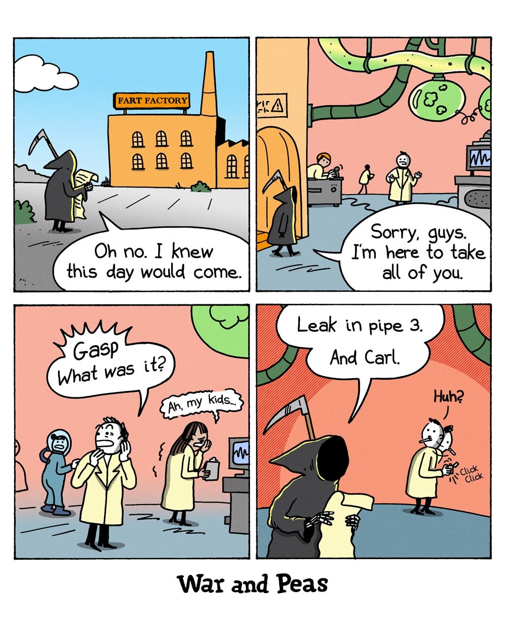 4-panel comic by War and Peas. Panel 1: The Grim Reaper approaches a building labelled "FART FACTORY," saying, "Oh no. I knew this day would come." Panel 2: Inside the factory, surrounded by green pipes and workers in lab coats, the Reaper announces: "Sorry, guys. I'm here to take all of you." Panel 3: The workers panic. "Gasp! What was it?" One cries, "Ah, my kids…" Panel 4: The Reaper clarifies: "Leak in pipe 3. And Carl." Carl clicks his lighter, confused: "Huh?"