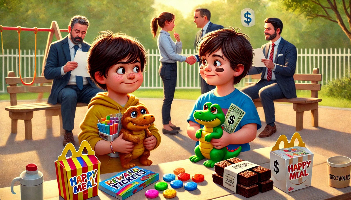 In the foreground, two children are exchanging items: one child is holding a Happy Meal Croc toy with stickers, while the other is offering colorful gems from an art supply set. Next to them, another child is offering brownies for reward tickets, but the kids seem to hesitate, implying the brownies might be overpriced. In the background, there are business executives making a deal, tying the playful bartering scene with a more formal negotiation atmosphere. The setting is a sunny playground with trees and benches, blending childhood innocence with professional themes.