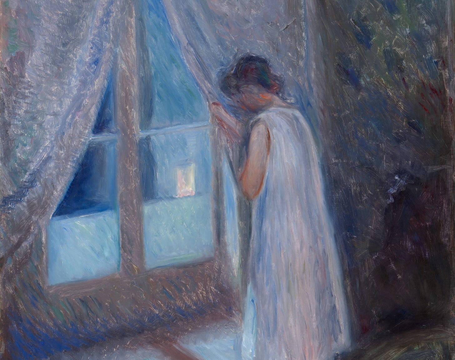 A girl standing by a window on a moonlight night.