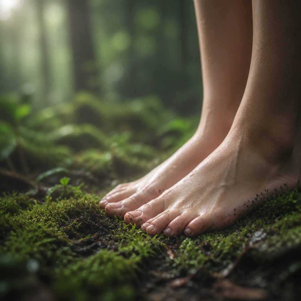 A person's bare feet gently pressing into soft green moss and damp earth