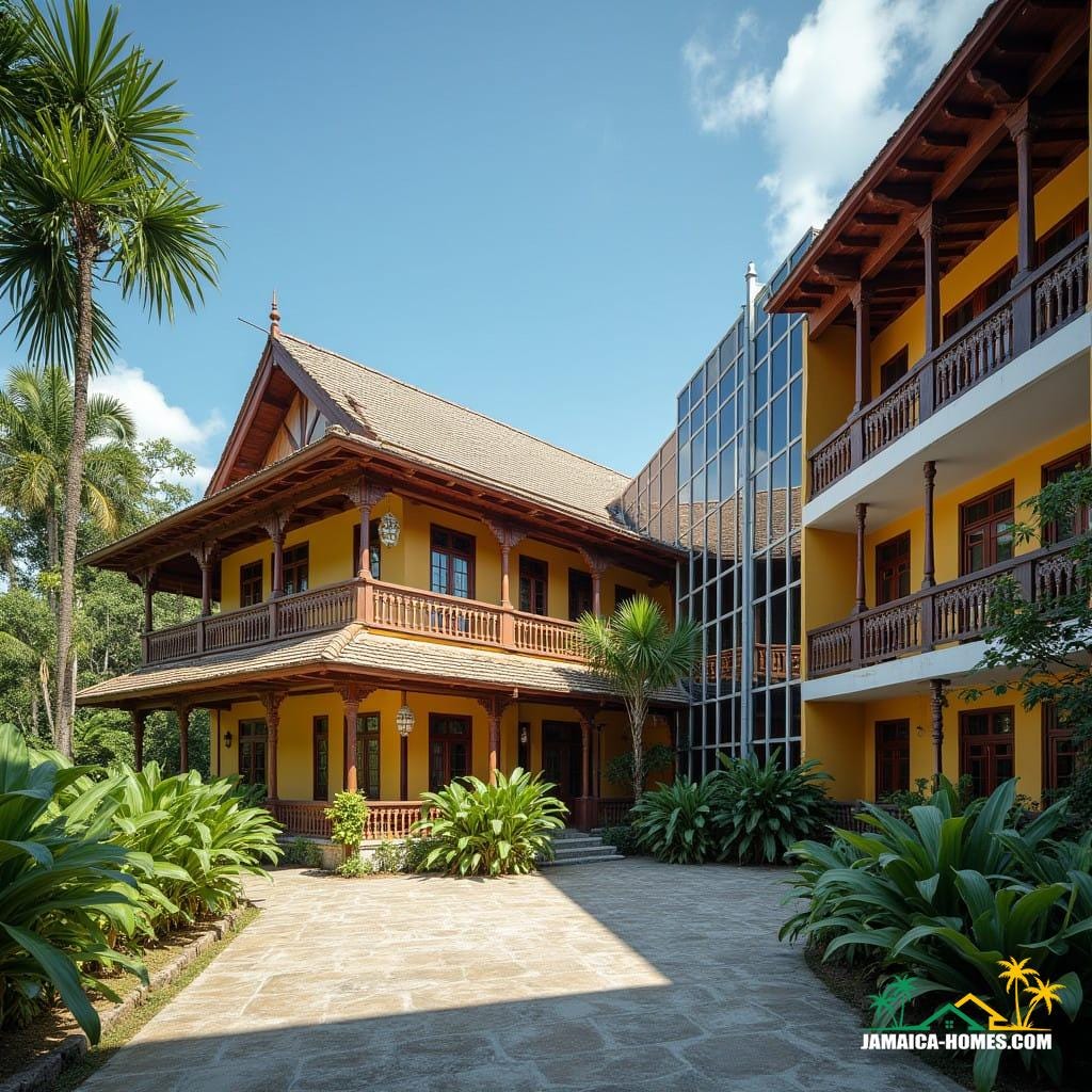 A heritage building in Jamaica, Caribbean, showcasing traditional colonial architecture with ornate wooden details, vibrant colors, and a historic charm. Attached to the heritage structure is a sleek, modern addition with spacious halls, a youth activity center, and contemporary design elements, including glass facades and steel accents, seamlessly blending the old and the new, surrounded by tropical greenery and a bright, sunny atmosphere.