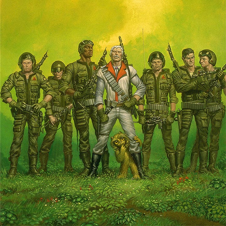 LEFT: Detail from FUZZY FEDERATION featuring a line of soldiers in olive drab uniforms and helmets. In the middle of the line is a white-haired man with curling mustache. His jumpsuit is white with red lapel. A single bandolier with silver rectangular compartments crosses his chest. His thumb is tucked into his gun belt while the other hand is balled to a fist at his hip. Gripping his leg at the knee, framed by the inverted V of his stance, an  amber-eyed fuzzy alien curiously peeks out.  RIGHT: Close detail from FUZZY FEDERATION featuring a line of soliders and a small furry alien gripping the knee of the commander as it peeks out curiously. Its huge eyes are amber. Fur sweeps from over its eyes to curl around its cheeks. One hand is positioned on its chin suggesting the creature is pondering as it stares directly at the audience.