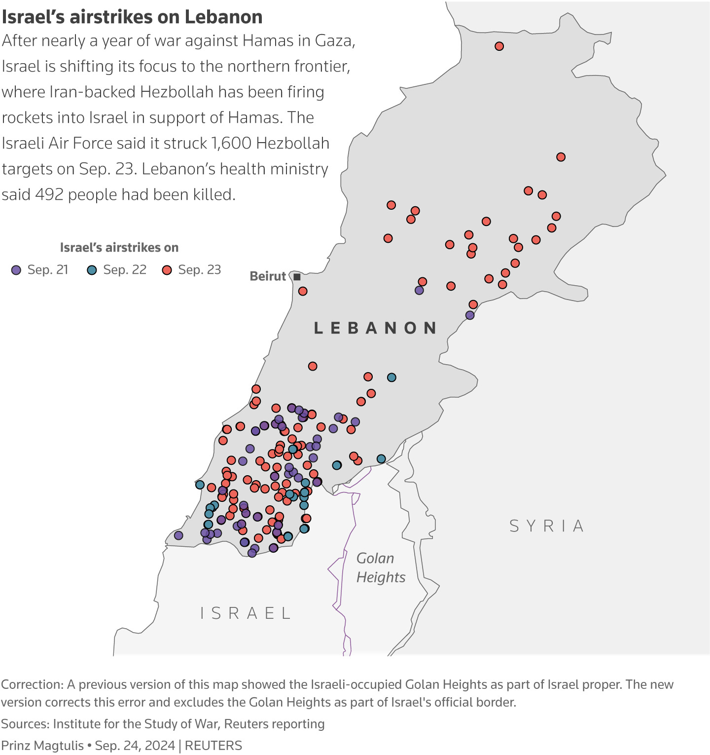 A map of Israel's airstrikes on Lebanon from Sep. 21-23. A map of Israel's airstrikes on Lebanon from Sep. 21-23.