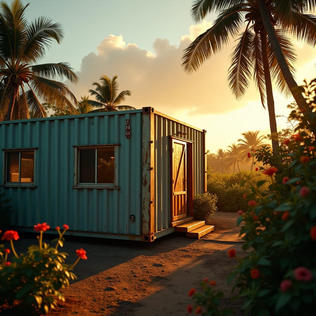 ozy one-bedroom container home nestled in a lush Jamaican landscape, surrounded by vibrant tropical foliage, warm golden light casting a serene ambiance