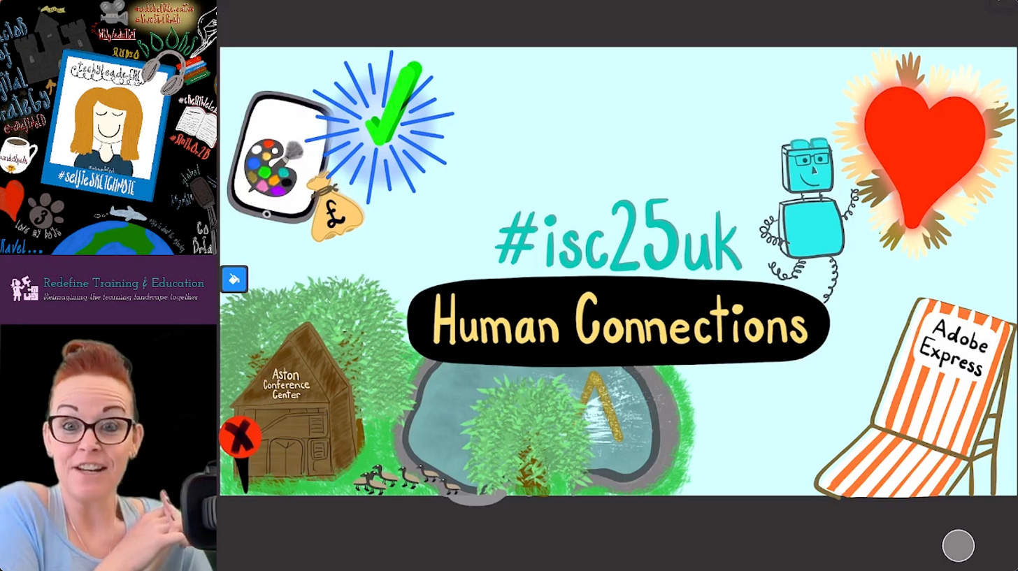 A screenshot from a 'Creatively Wondering' livestream showing the final, completed sketchnote of the #isc25uk 'Human Connections' debrief. The illustration includes the conference venue, an Adobe Express beach chair, and icons representing community and AI. A screenshot from a 'Creatively Wondering' livestream showing the final, completed sketchnote of the #isc25uk 'Human Connections' debrief. The illustration includes the conference venue, an Adobe Express beach chair, and icons representing community and AI.