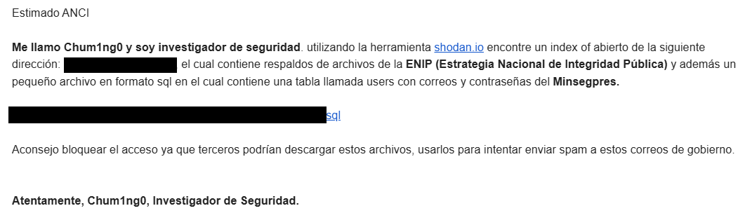Envie un correo al ANCI y un correo al Minsegpres para que bloquearan este acceso, al dia siguiente fue bloqueado.