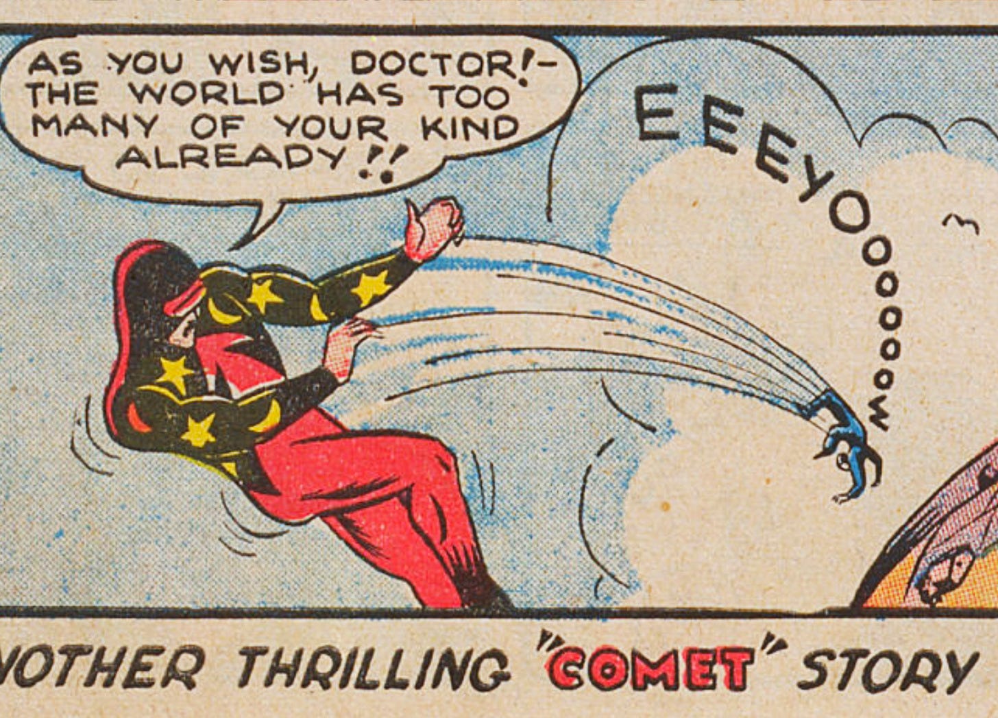Header image with The Comet throwing a criminal to the earth