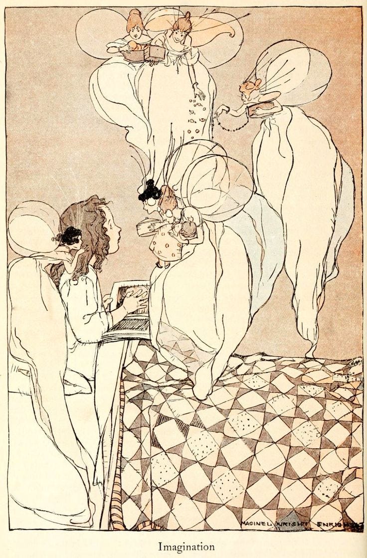 This may contain: an illustration of three women sitting at a table and one woman standing in front of her