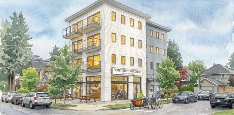 A mixed-use Four/Five, with a corner store cafe to boost neighborhood vibrancy. This design won’t be possible unless Vancouver opts to allow mixed-use single-stair buildings (if not, a scissor stair could make it workable).