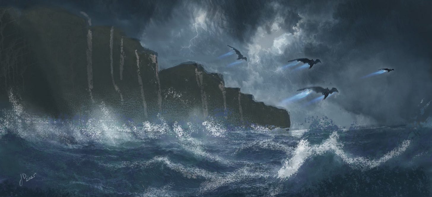 Stormy ocean scene with towering cliffs under dark clouds as several cybernetic creatures fly low over crashing waves, blue energy trails streaming behind them.