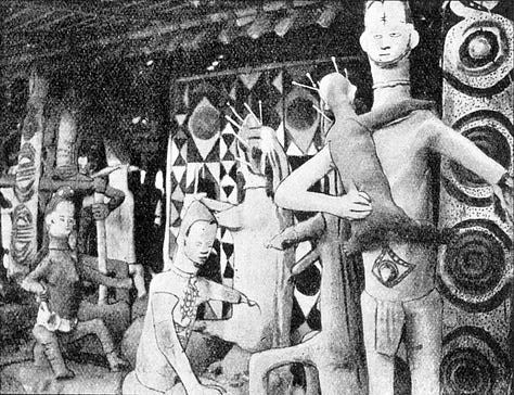 Full size human figures made of clay and decorated with grand headdresses, patterns as well as slices of life.