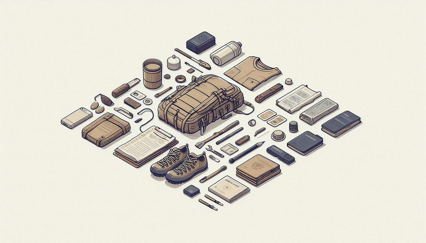 A neatly arranged flat-lay illustration of hiking and camping gear, including a tan backpack, boots, water bottles, clothing, a notebook, tools, and various small essentials like a compass and flashlight. The items are evenly spaced on a light background, showcasing an organized packing system.