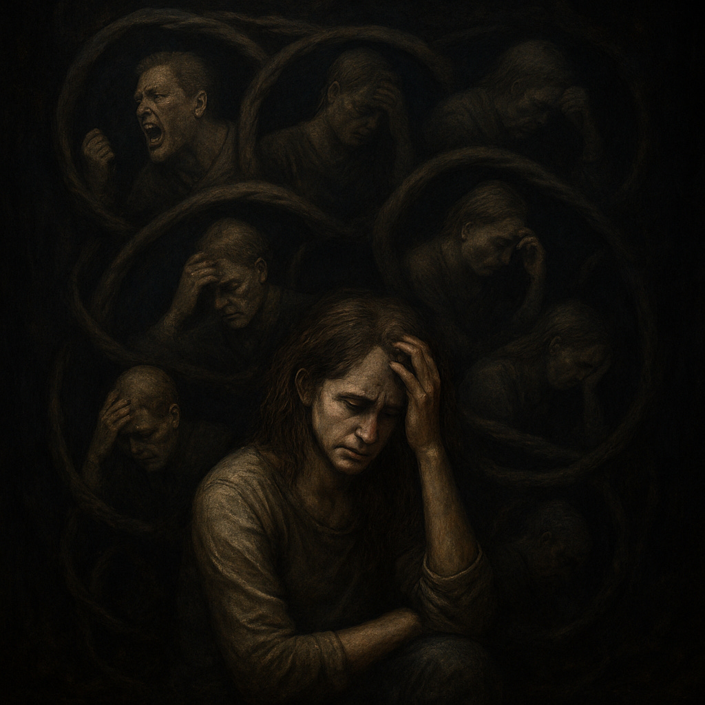 A dark, haunting digital painting depicting a distressed woman seated with her head in her hand, surrounded by ghostly, anguished figures connected by looping, twisted tendrils. The figures, male and female, appear trapped in cycles of pain and despair, symbolising the tangled, unrecognised loops of harm, abuse, and self-betrayal. The atmosphere is shadowy, intense, and emotionally charged, evoking the hidden struggle beneath the surface of human relationships.