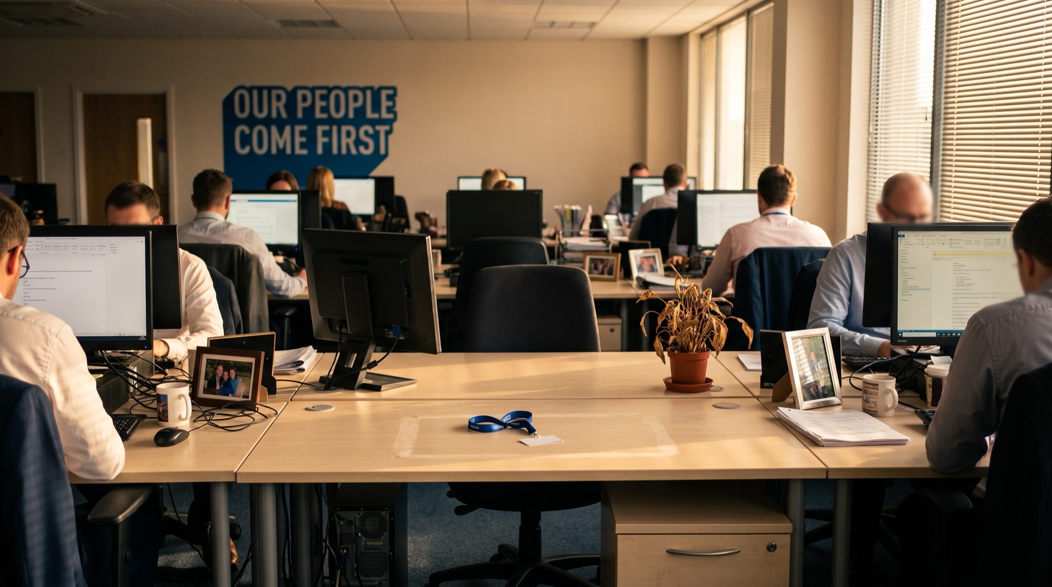 One stripped and empty desk in a row of occupied desks, a surrendered access lanyard on the bare surface, a values slogan on the wall behind